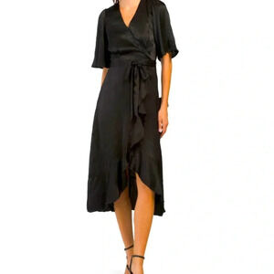 LULUS Midi Wrap Dress XS Black NWT 'Wrapped Up In Love' Satin Flutter Ruffle